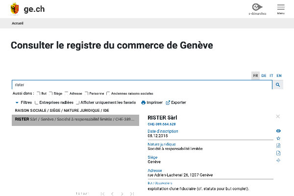 enregistrement Registre du Commerce Zefix