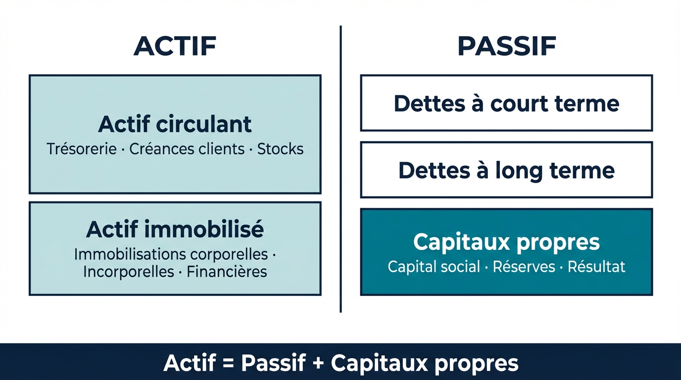 Infographie structure bilan comptable suisse - actif passif capitaux propres selon art. 959a CO