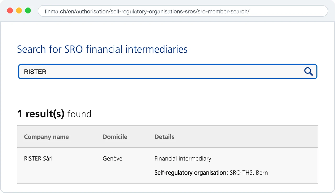 Registro FINMA de miembros de OAR: RISTER Sàrl, intermediario financiero afiliado al OAR FIDUCIAIRE|SUISSE