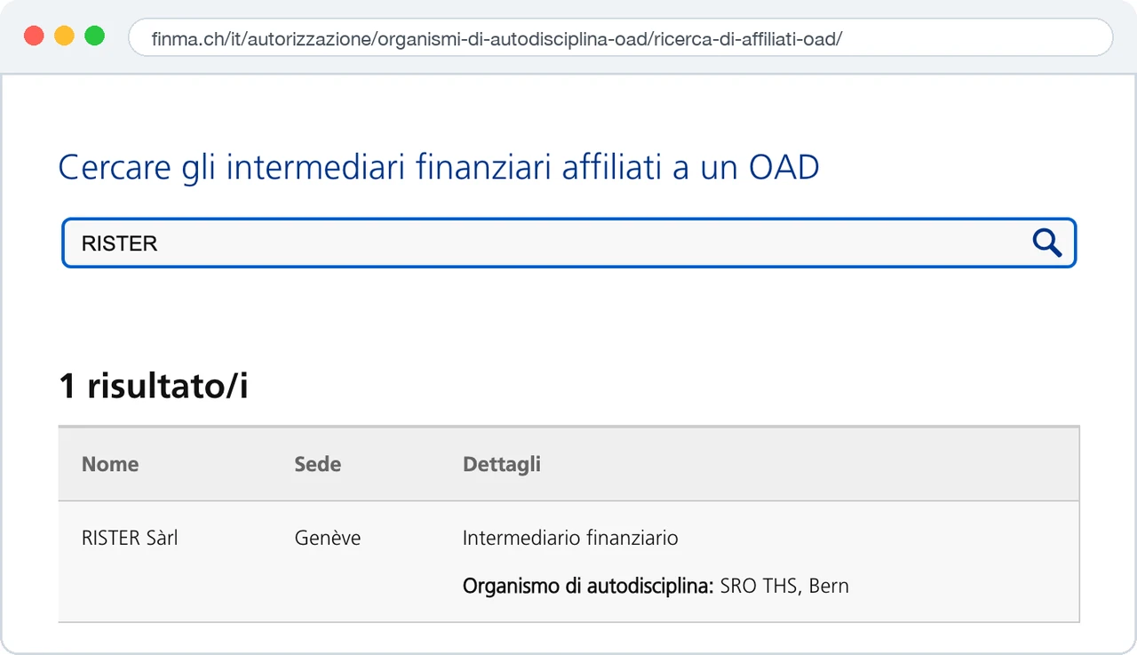 Elenco FINMA degli affiliati OAD: RISTER Sàrl, intermediario finanziario affiliato all'OAD FIDUCIARI|SUISSE
