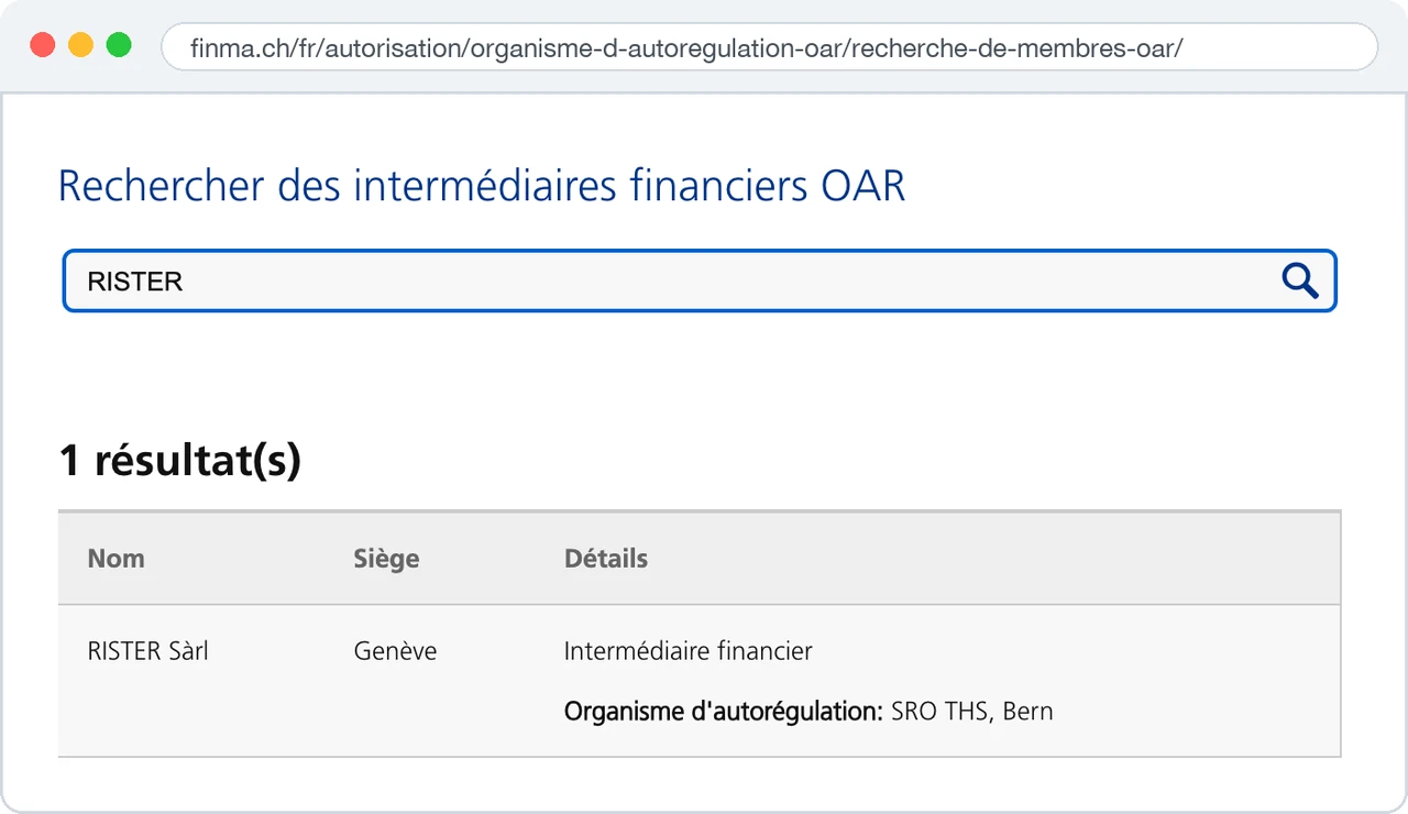 Registre FINMA des membres d'OAR : RISTER Sàrl, intermédiaire financier affilié à l'OAR FIDUCIAIRE|SUISSE